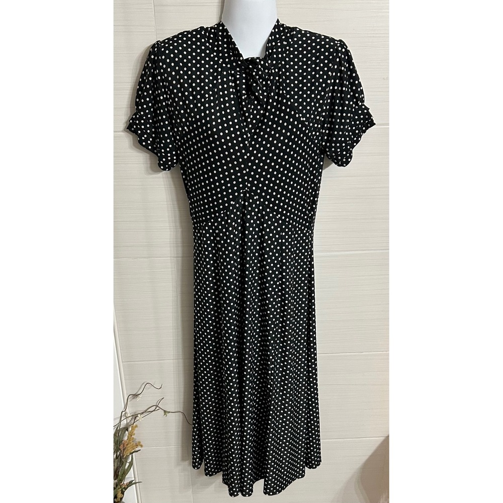 Lindy Bop Black and White Polka Dot Midi Dress Keyhole Modest Neck M, Retro